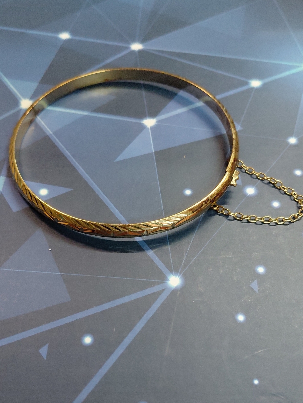 Gold Over 925 Sterling Engraved Bangle Bracelet - Elegant Chain Safety Clasp